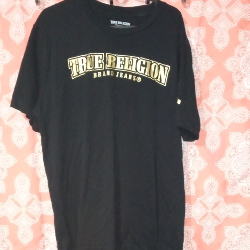 True Religion Men's Black and Gold Tee